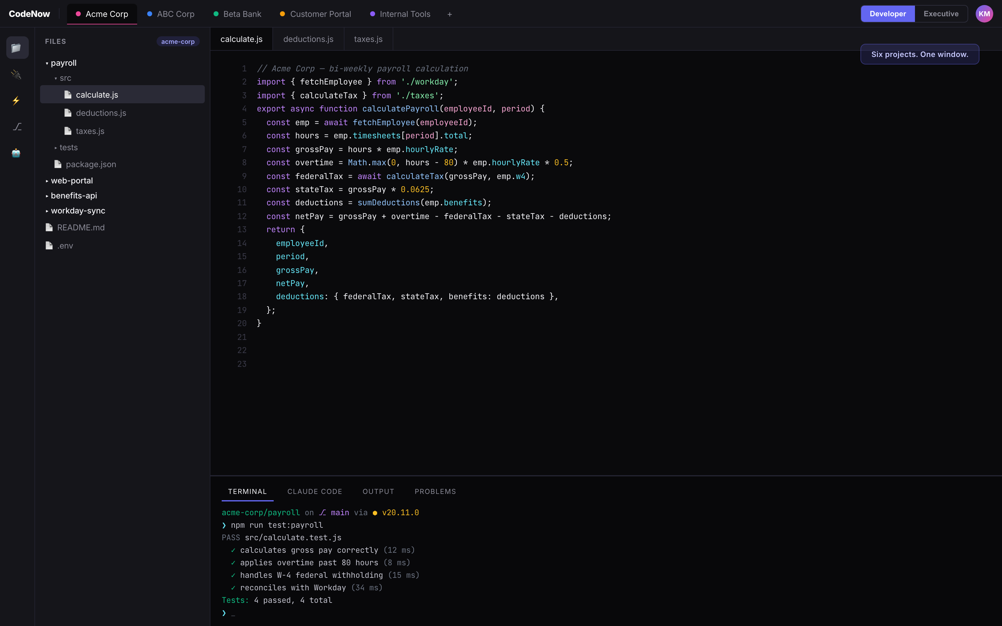 AgentFoundry — six projects in one window: Acme Corp, ABC Corp, Beta Bank, Customer Portal, Internal Tools