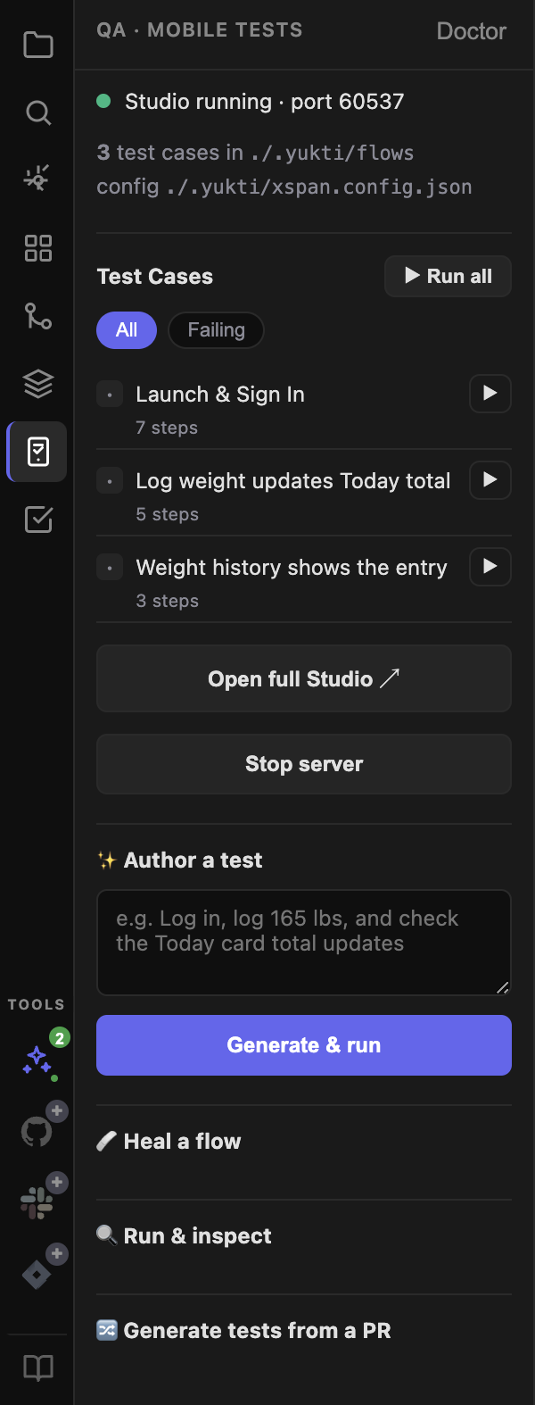 Test Explorer — every flow in a tree with pass/fail badges, run one or Run All