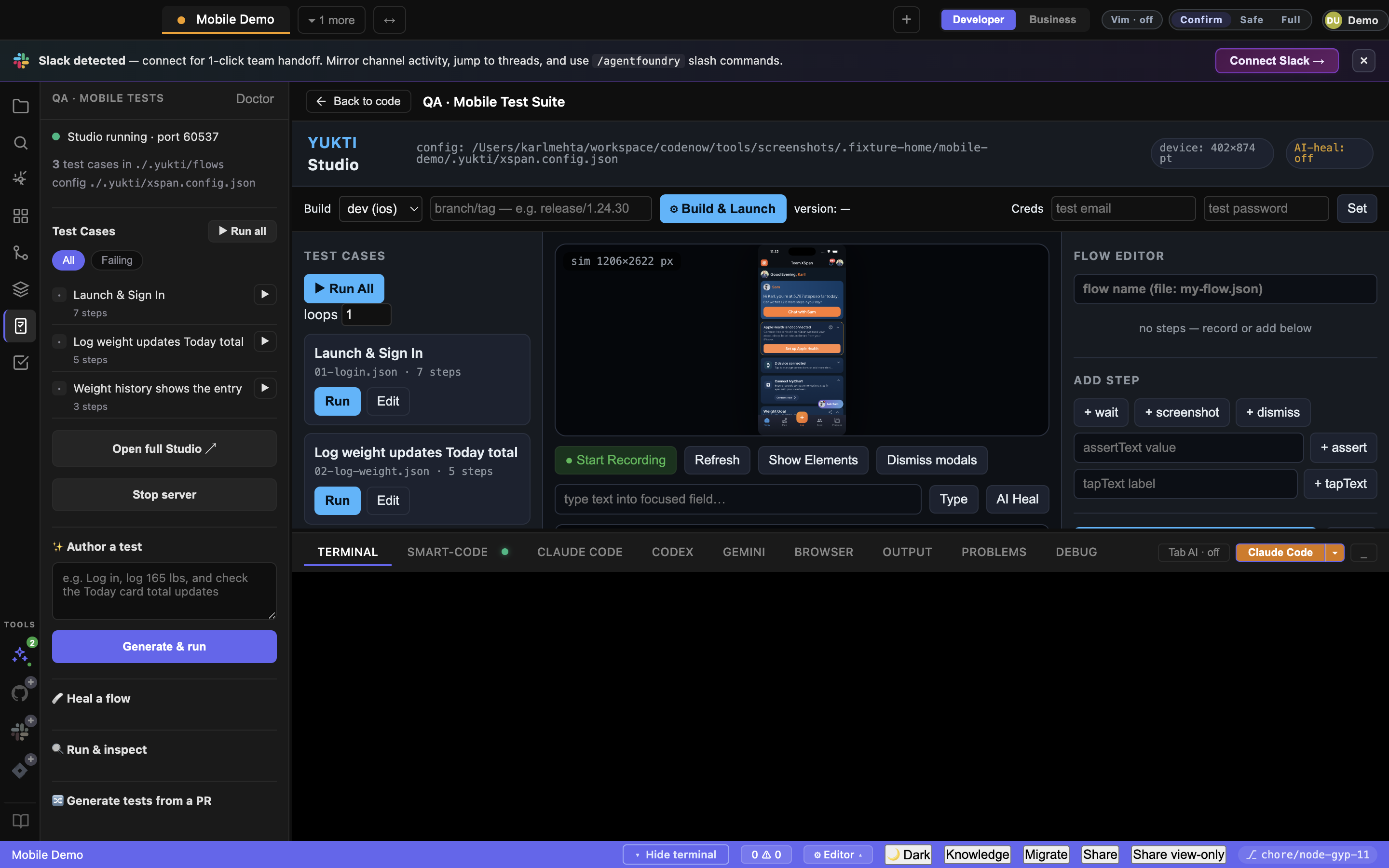 AgentFoundry mobile QA suite — the iOS simulator streaming inside the IDE beside the test suite and the coding agent